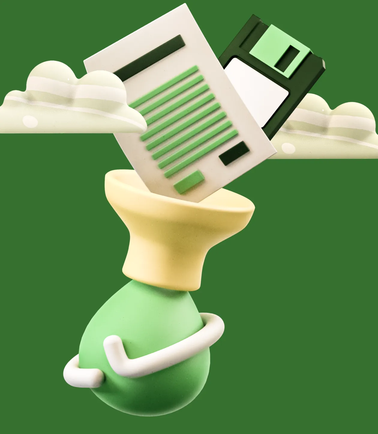 3D Clay of a funnel transforming a contract and a floppy-disk with clouds, made by tonesegurado for agreewe