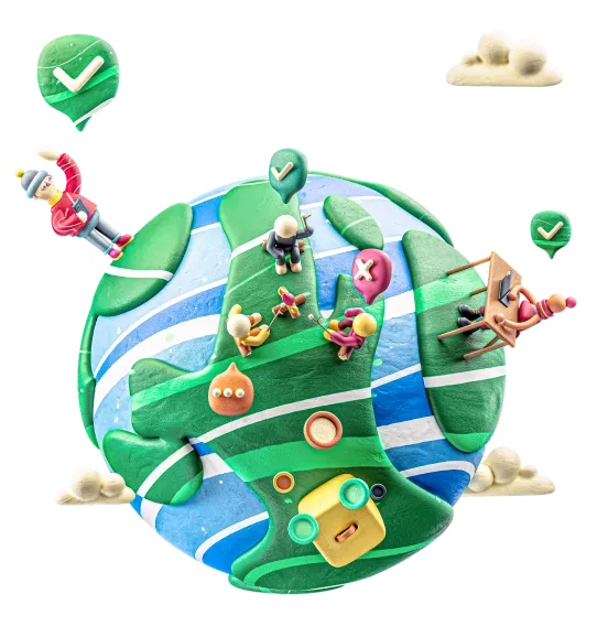 The world of agreements made in 3d clay, with a user waving to another, and a group of three figures discussing something. Three Clouds integrated with the globe, and one box spitting blank coins.