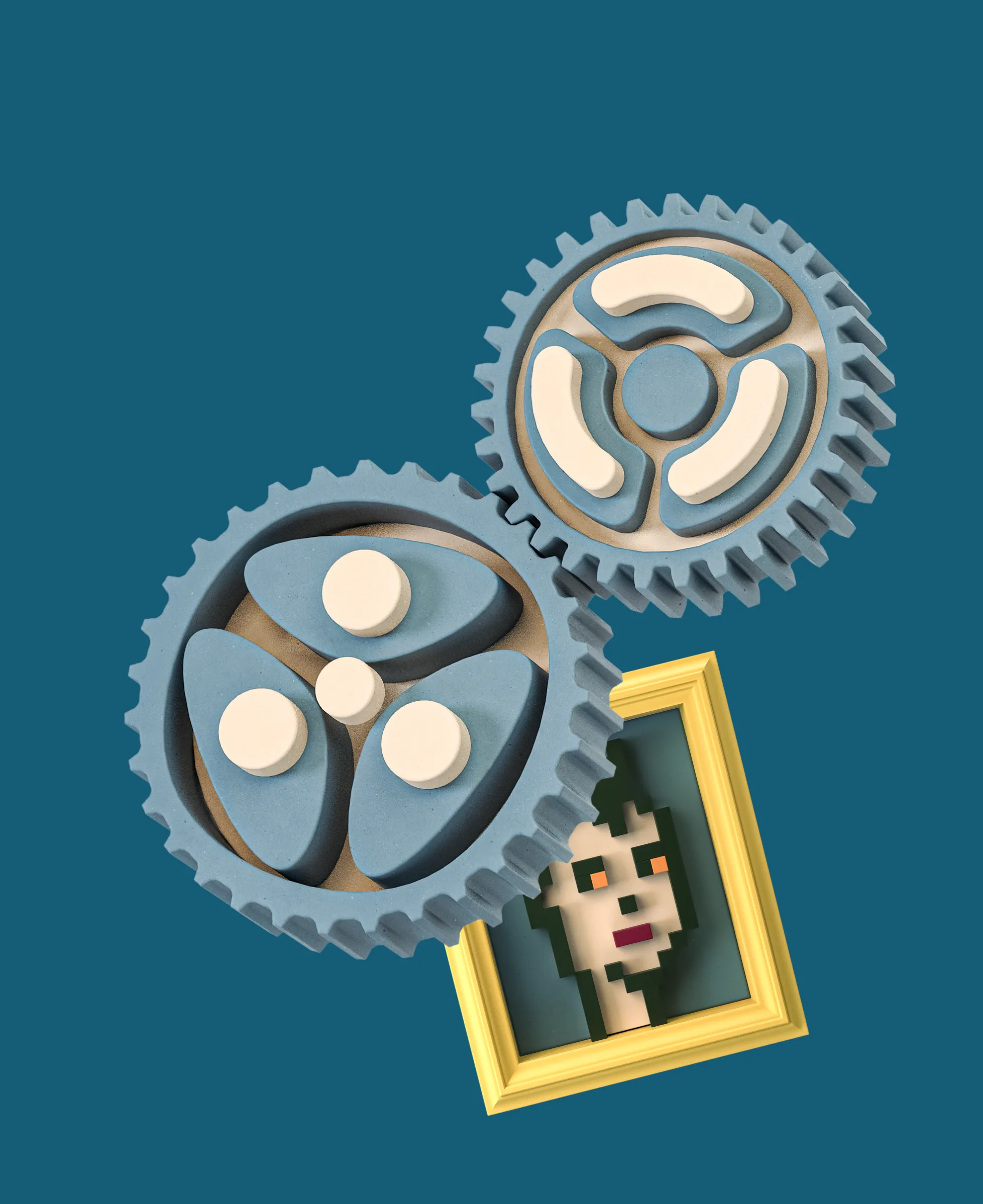 3d clay of NFT Minting machine with NFT Cryptopunks on a yellow frame and wheelworks, made by tonesegurado for agreewe