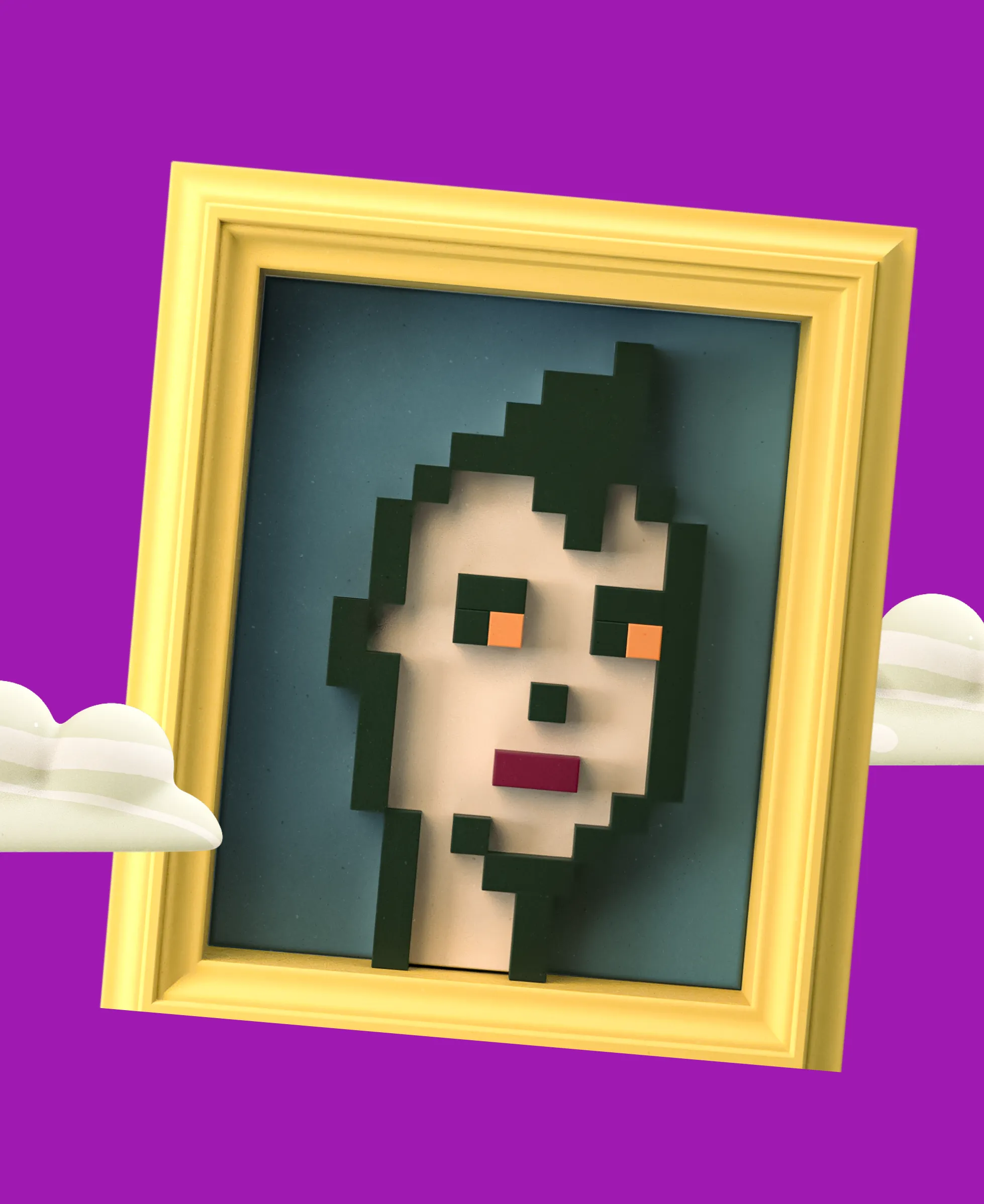 3d clay of NFT Revenue Splitter, with Yellow frame of cryptopunk, made by tonesegurado for agreewe